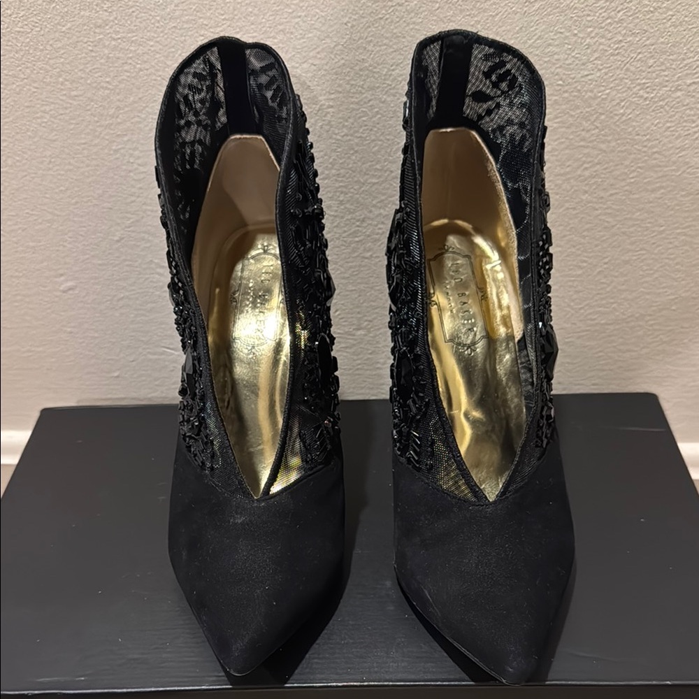 Ted Baker Black Stiletto Heels with Lace Detailing EUC